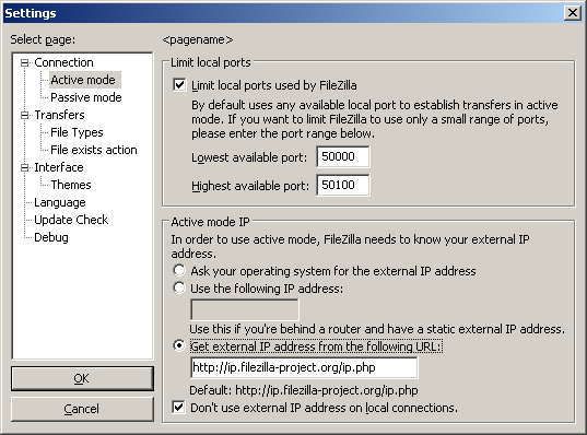 Скриншот диалога настроек FileZilla 3, показывающий вкладку настройки активного   режима